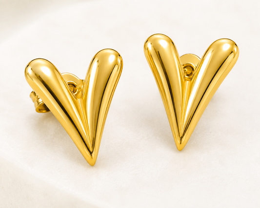 Gold V-Heart Statement Earrings