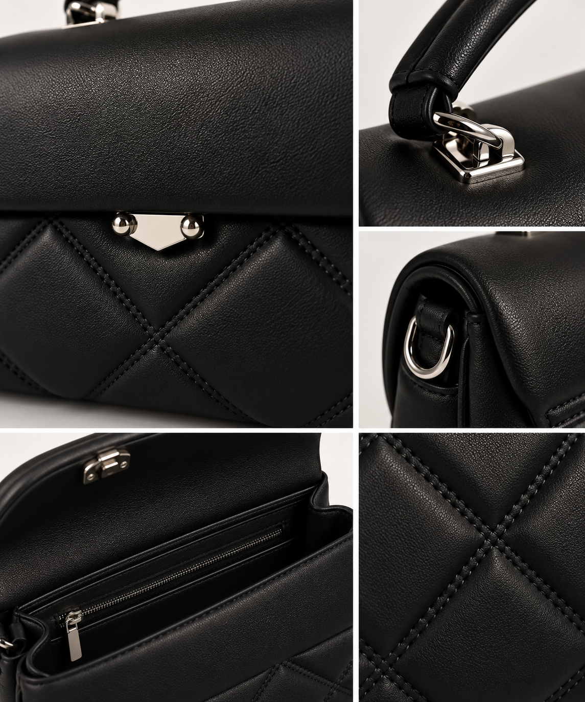 Black Quilted Structured Handbag