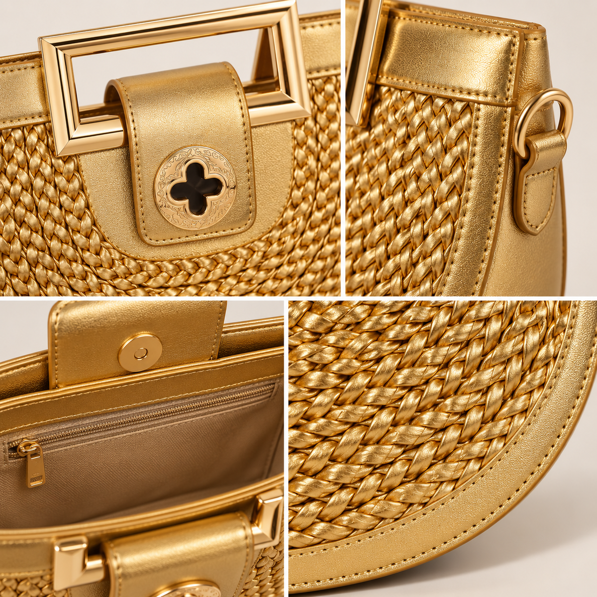 Gold Woven Half-Moon Handbag