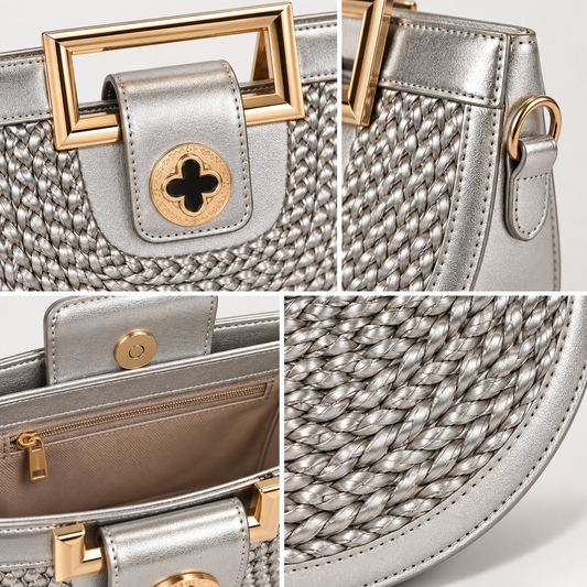 Silver Woven Half-Moon Handbag