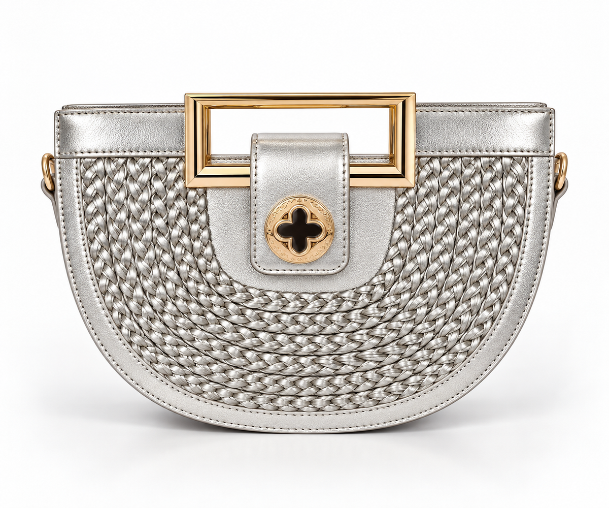 Silver Woven Half-Moon Handbag