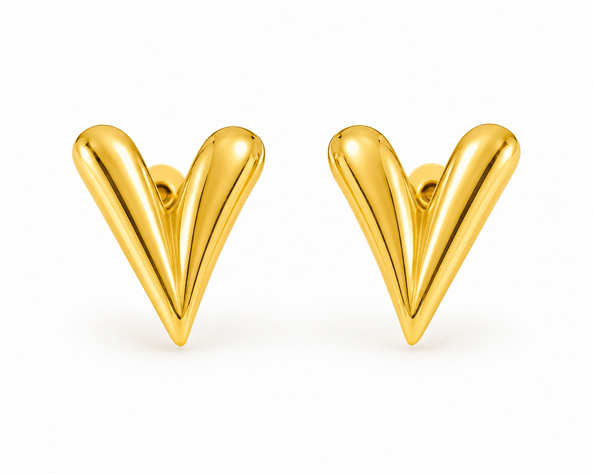 Gold V-Heart Statement Earrings
