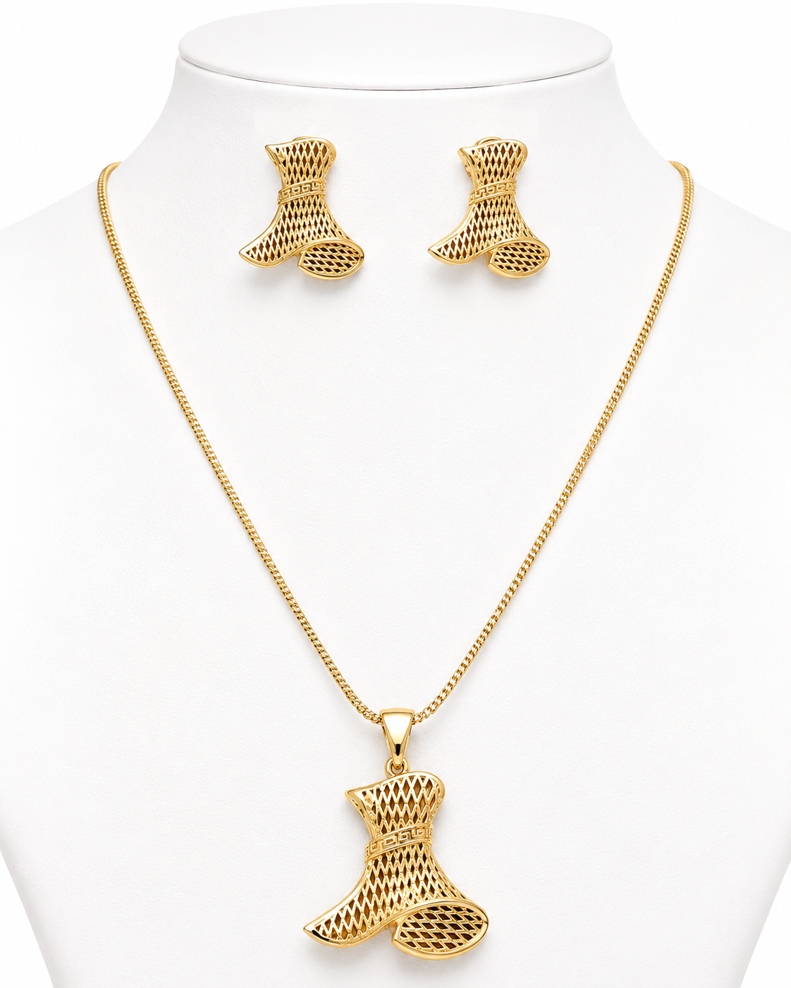 Gold Lattice Statement Necklace & Stud Earrings