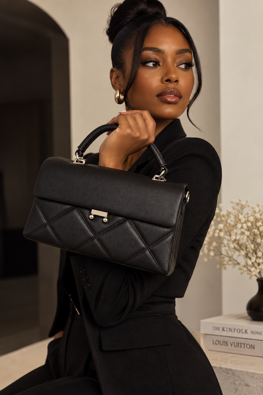 Black Quilted Structured Handbag
