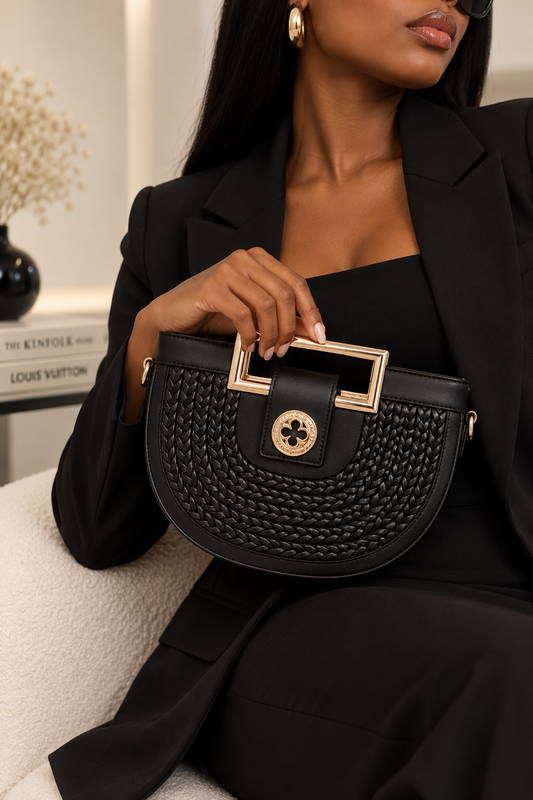 Black Woven Half-Moon Handbag