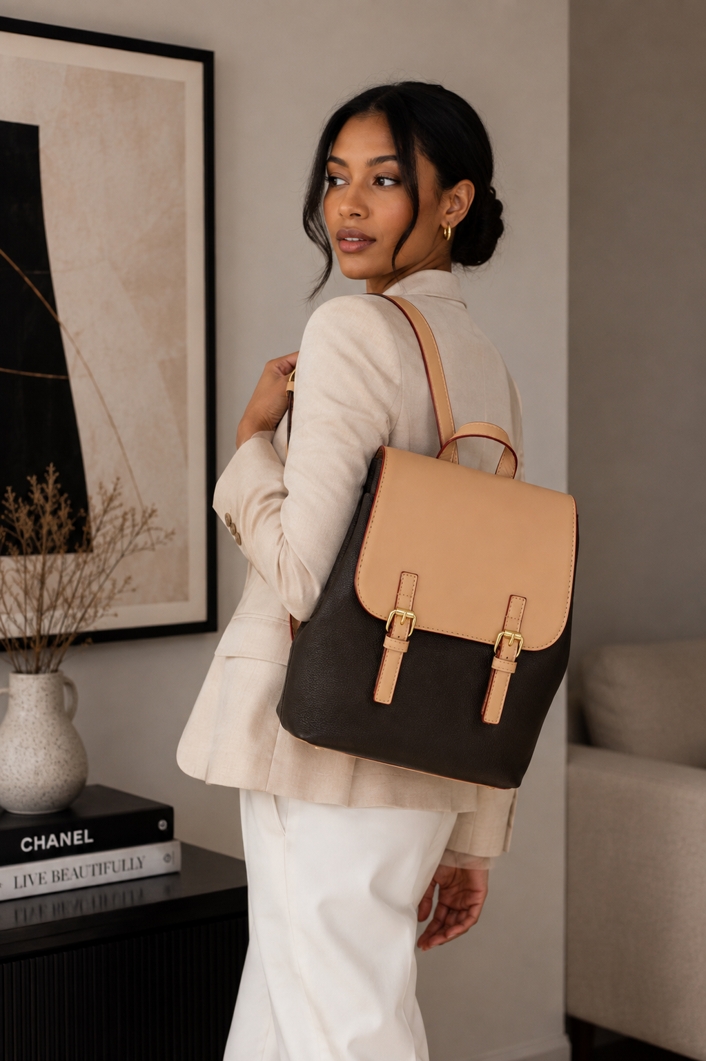 Two-Tone Buckle Backpack – Black & Tan