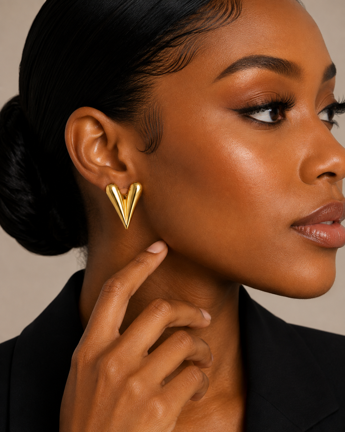 Gold V-Heart Statement Earrings