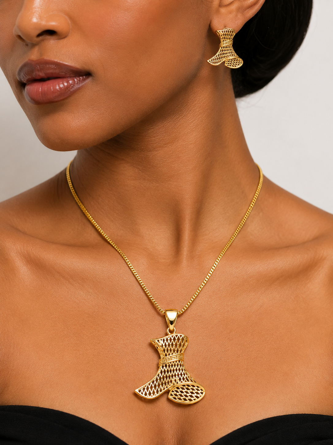 Gold Lattice Statement Necklace & Stud Earrings
