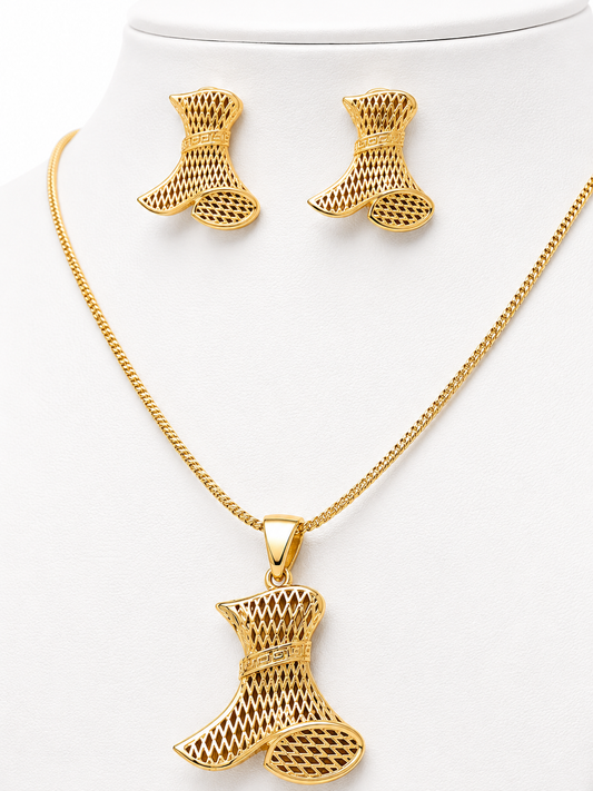 Gold Lattice Statement Necklace & Stud Earrings