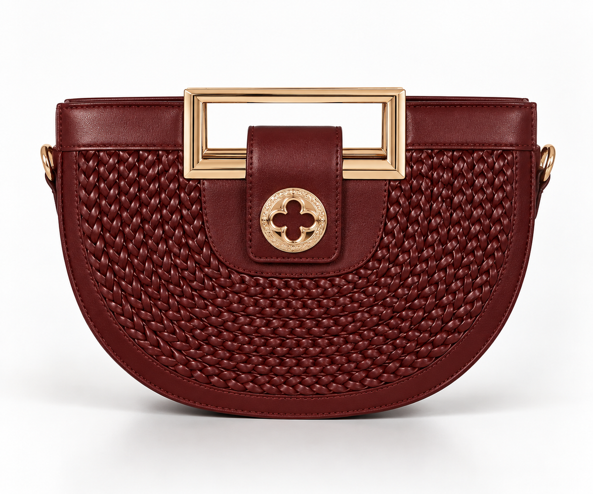 Burgundy Woven Half-Moon Handbag