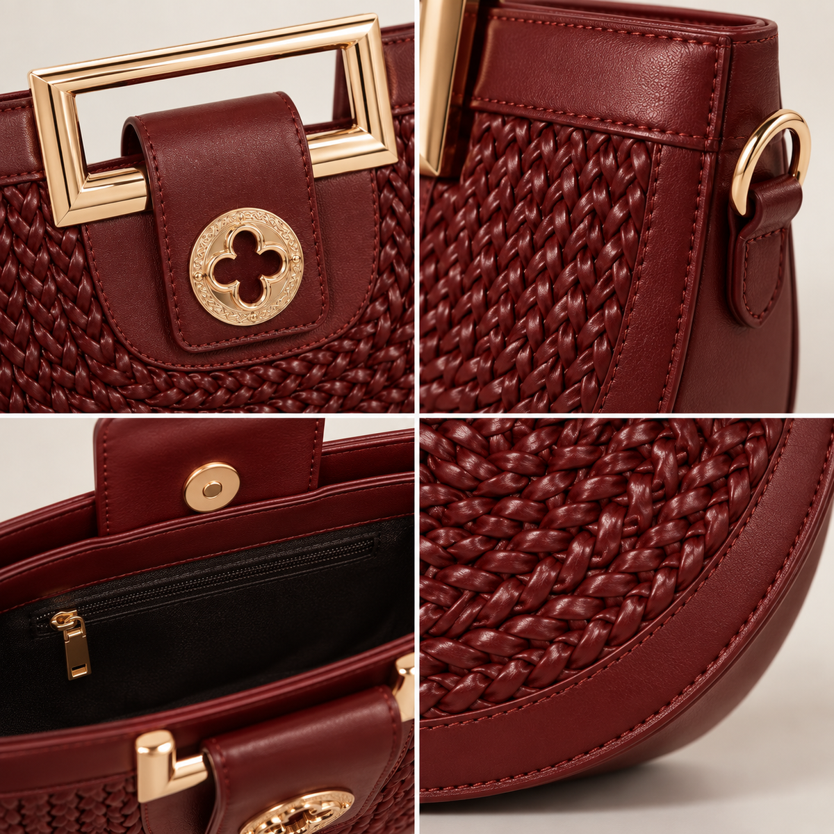 Burgundy Woven Half-Moon Handbag