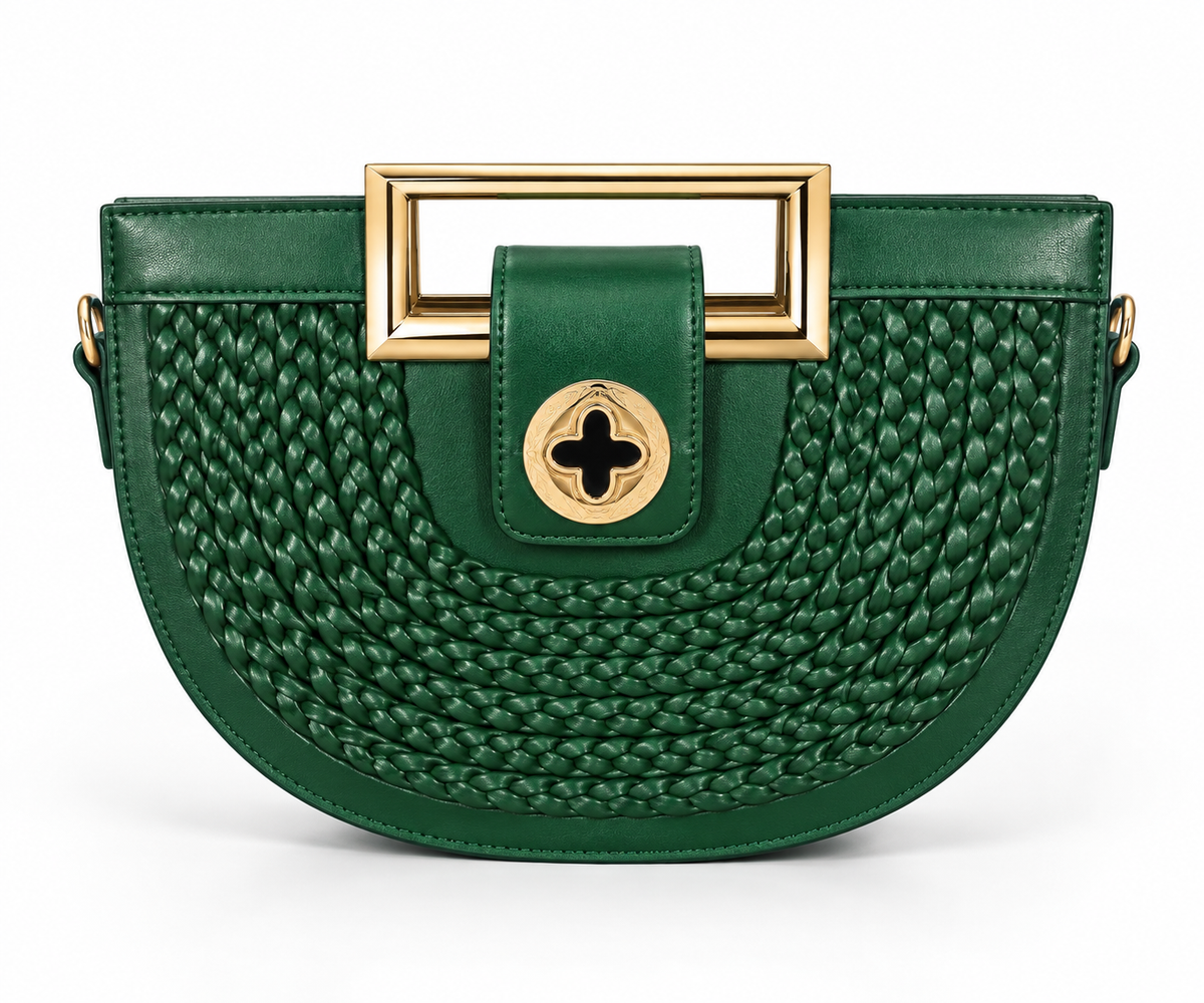Emerald Green Woven Half-Moon Handbag