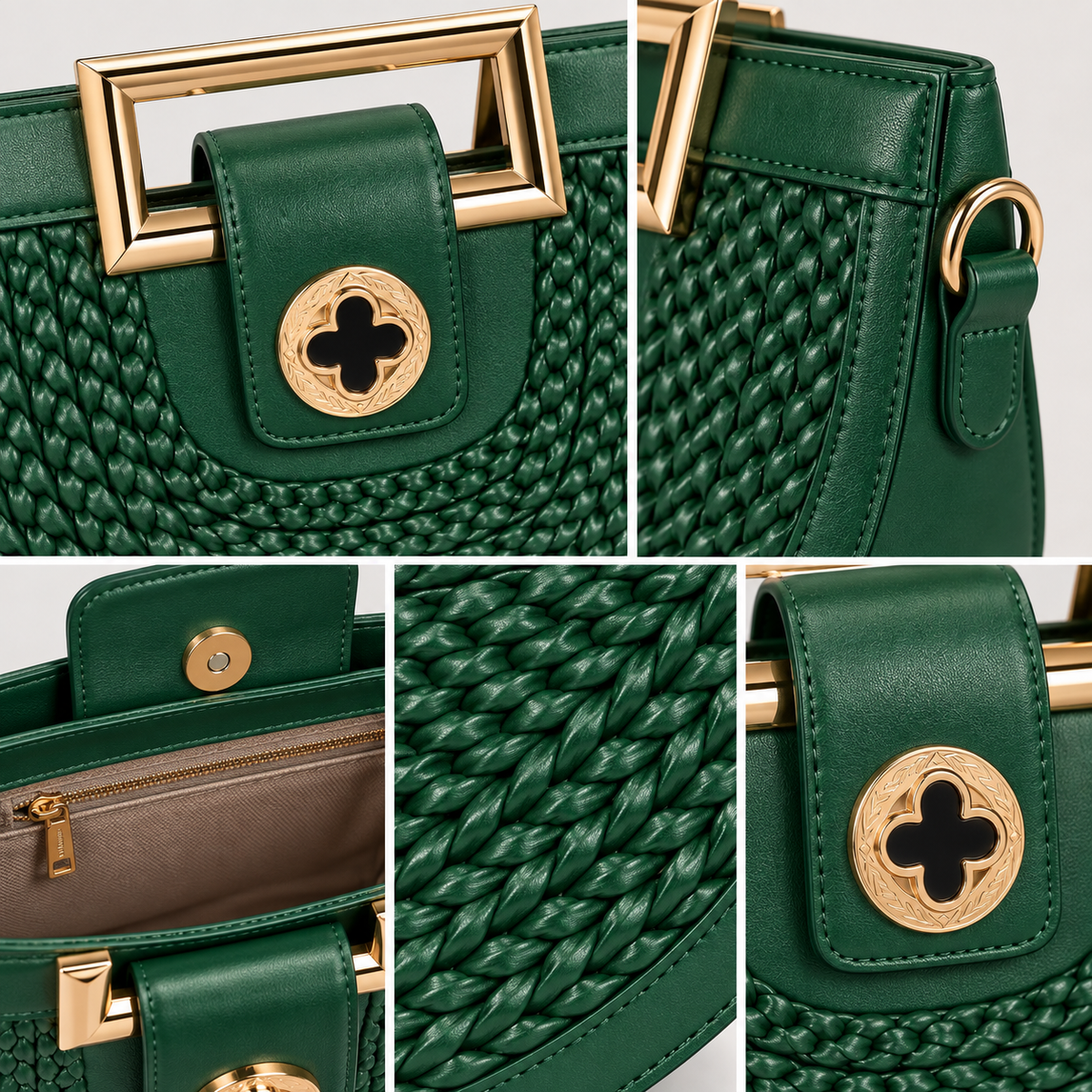 Emerald Green Woven Half-Moon Handbag
